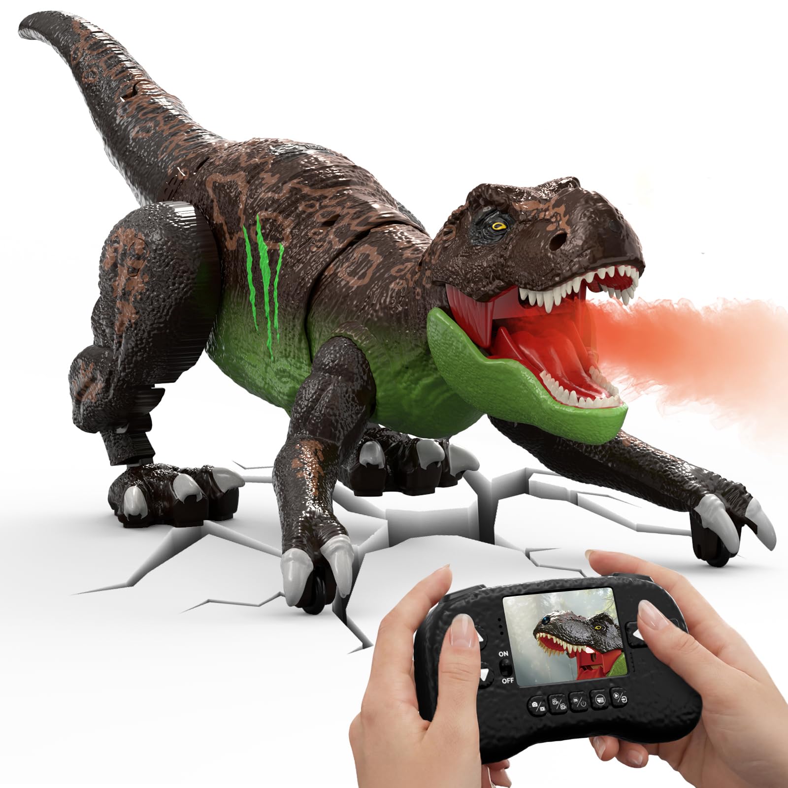 RC Dinosaurio con Cámara y Pantalla LCD, Vídeo en Directo, Simulación de Movimiento Reptante, Función de Pulverización, Modo Performance, Efectos Luminosos y Rugidos Regalos para Niños Easy to Use