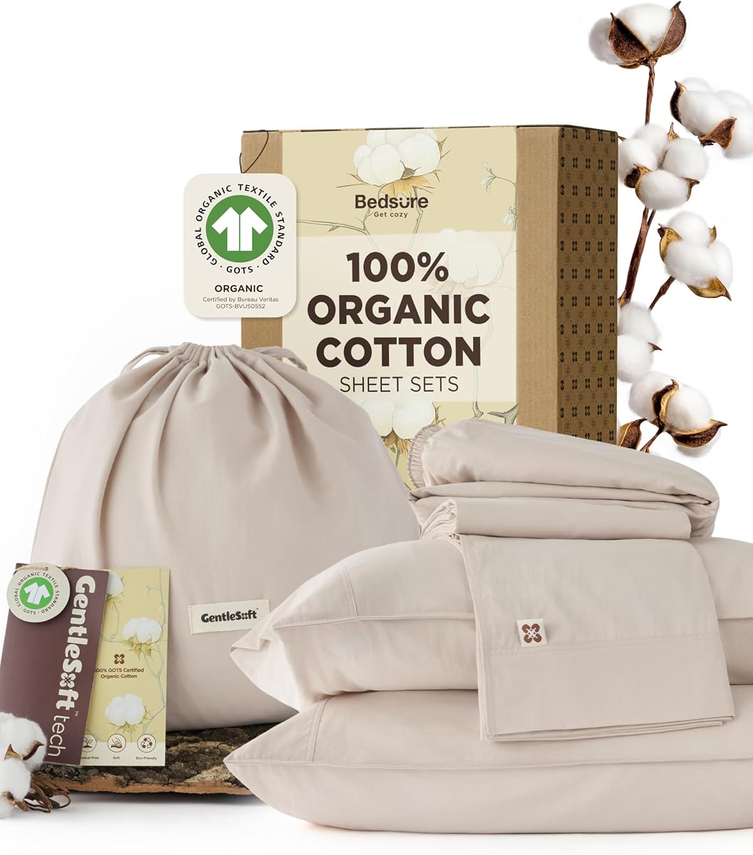 Bedsure PureWoven Sábanas 100% algodón orgánico certificado GOTS, tamaño King 4 piezas | Ecológico, bolsillo de 17" de profundidad con correas en las esquinas, sábanas de satén suaves, transpirables y duraderas de hotel de lujo, OEKO-Tex, lino
