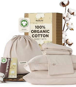 Bedsure 100% GOTS Certified Organic Cotton Sheets, Queen Sheet Set, 17" Deep Pocket Bedsheets with Corner Straps, Eco-Friendly, Soft, Breathable & Luxury PureWoven Cotton Hotel Bedding, 4PCS, Linen