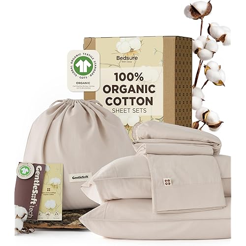 Bedsure 100% GOTS Organic Cotton Sheets, Fair Trade Certified Queen Bedding Set, Eco-Friendly, Soft, 17 inches Deep Pocket Queen Sheet, Sateen Weave Cotton Luxurious Hotel Bed Set, Linen