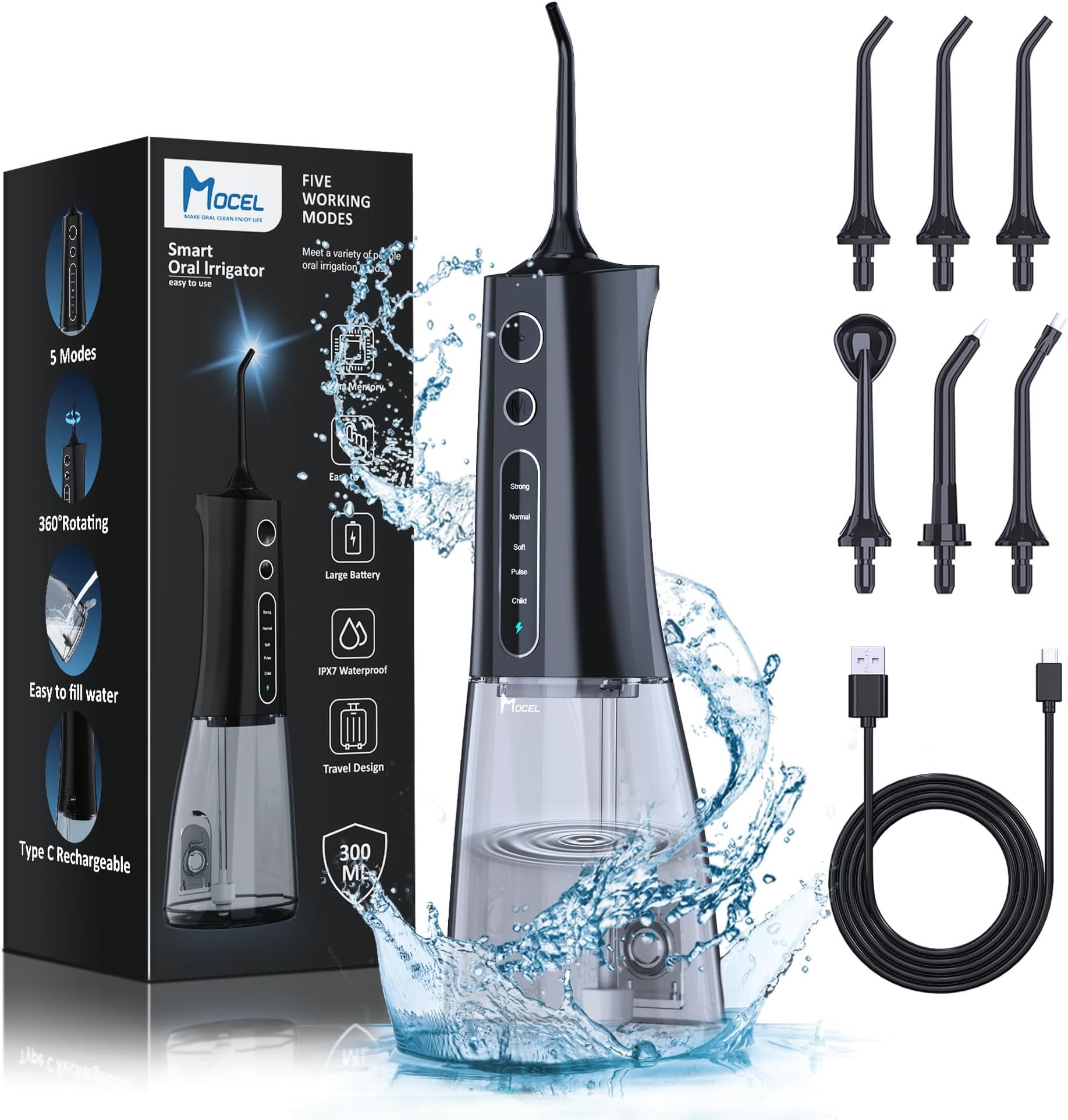 MOCEL Water Dental Flosser OLED Display Cordless Teeth Cleaning MOCEL 5 Modes Oral Irrigator 300ML Portable and USB C Rechargeable IPX7 Waterproof Floss Teeth Pick (Black)