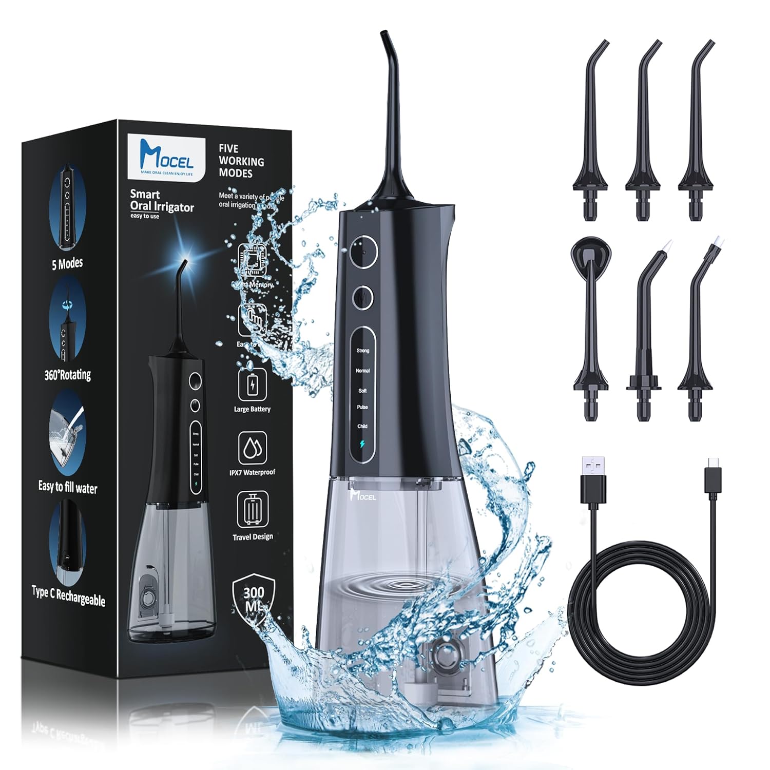 Water Dental Flosser OLED Display Cordless Teeth Cleaning MOCEL 5 Modes Oral Irrigator 300ML Portable and USB C