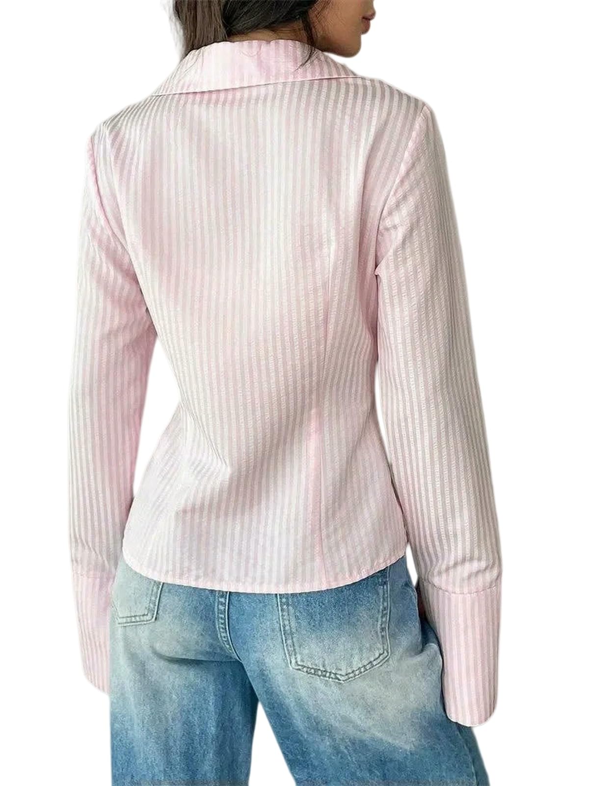 Blusas Mujer,Camisas de Mujer a Rayas con Mangas Acampanadas, Cuello en V, Manga Larga, Top Ajustado con Botones.