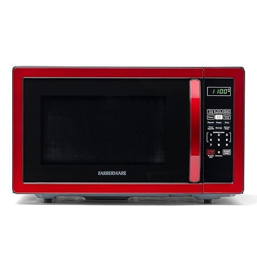 Farberware 1.1 Cu. Ft. Countertop Microwave Oven – 1000 Watts Power, Auto Cook Settings, Defrost, Easy Clean and Child Safety Lock - Metallic Red