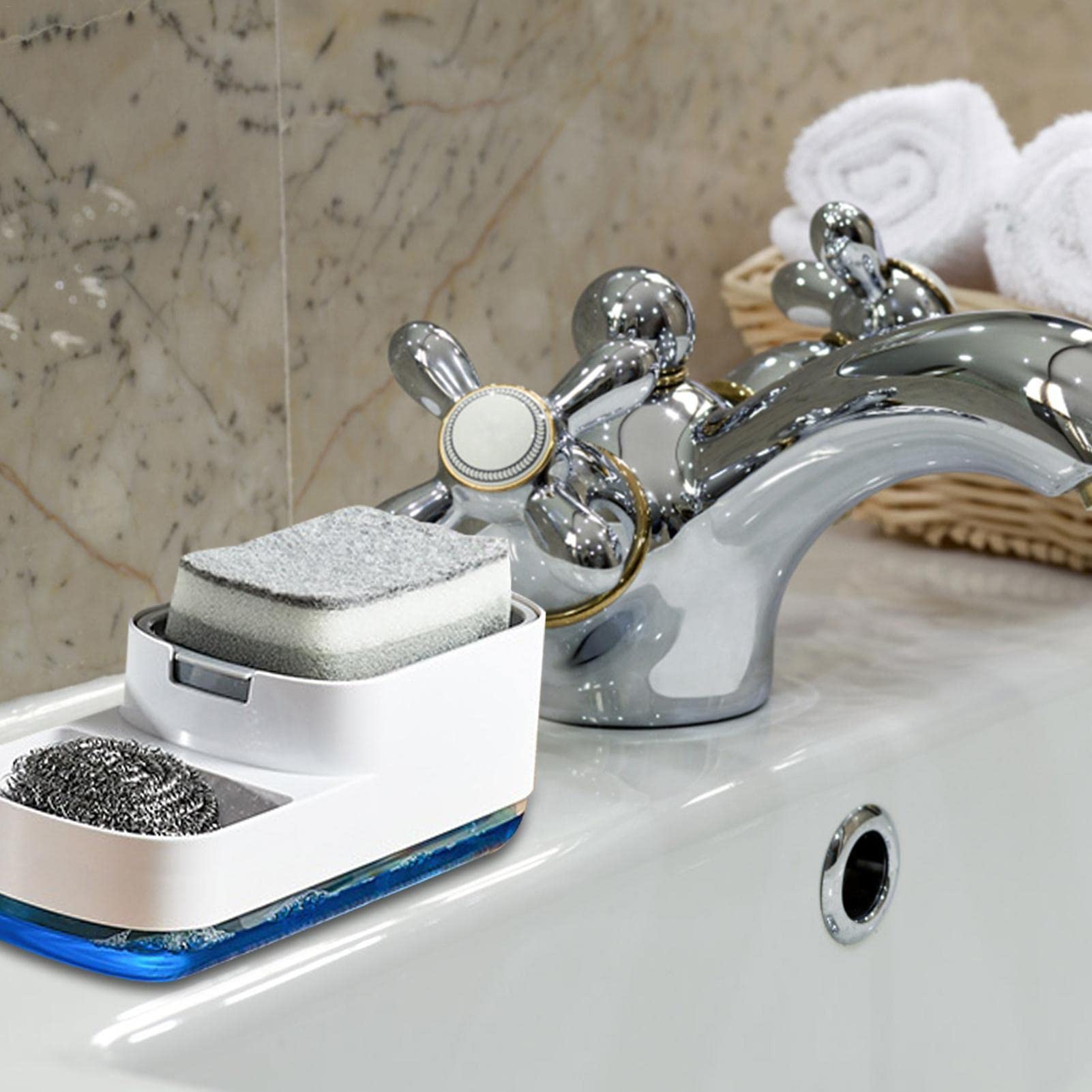 OMAIA 4-in-1 afwaszeepdispenser set - keukenzeepdispenser met sponshouder en vloeibare handzeepdispenser en siliconen dienblad - organizer voor op het aanrecht - handige keukengadgets