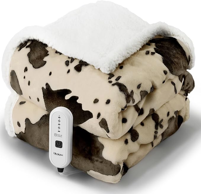 Heated Throw Electric Blanket-Heating Blanket Throw with 5 Heat Levels & 4 Hours Auto-Off, Cozy Soft Fleece Sherpa Blanket, Washable, Fast Heating, 50 x 60 Inches, Cow Print, Beige