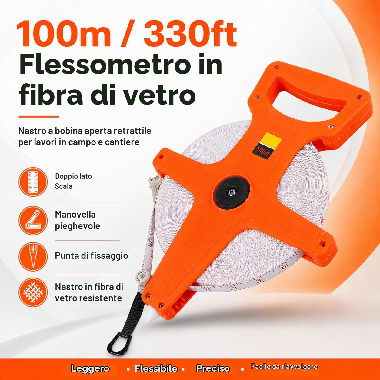 Metro A Nastro 100 Metri, Rotella Metrica In Fibra Di Vetro Resistente Flessometro Bindella, Doppio Lato Rotolo Di Metro A Nastro Di Misurazione Nastri Di Misurazione In Pollici E mm Con Impugnatura