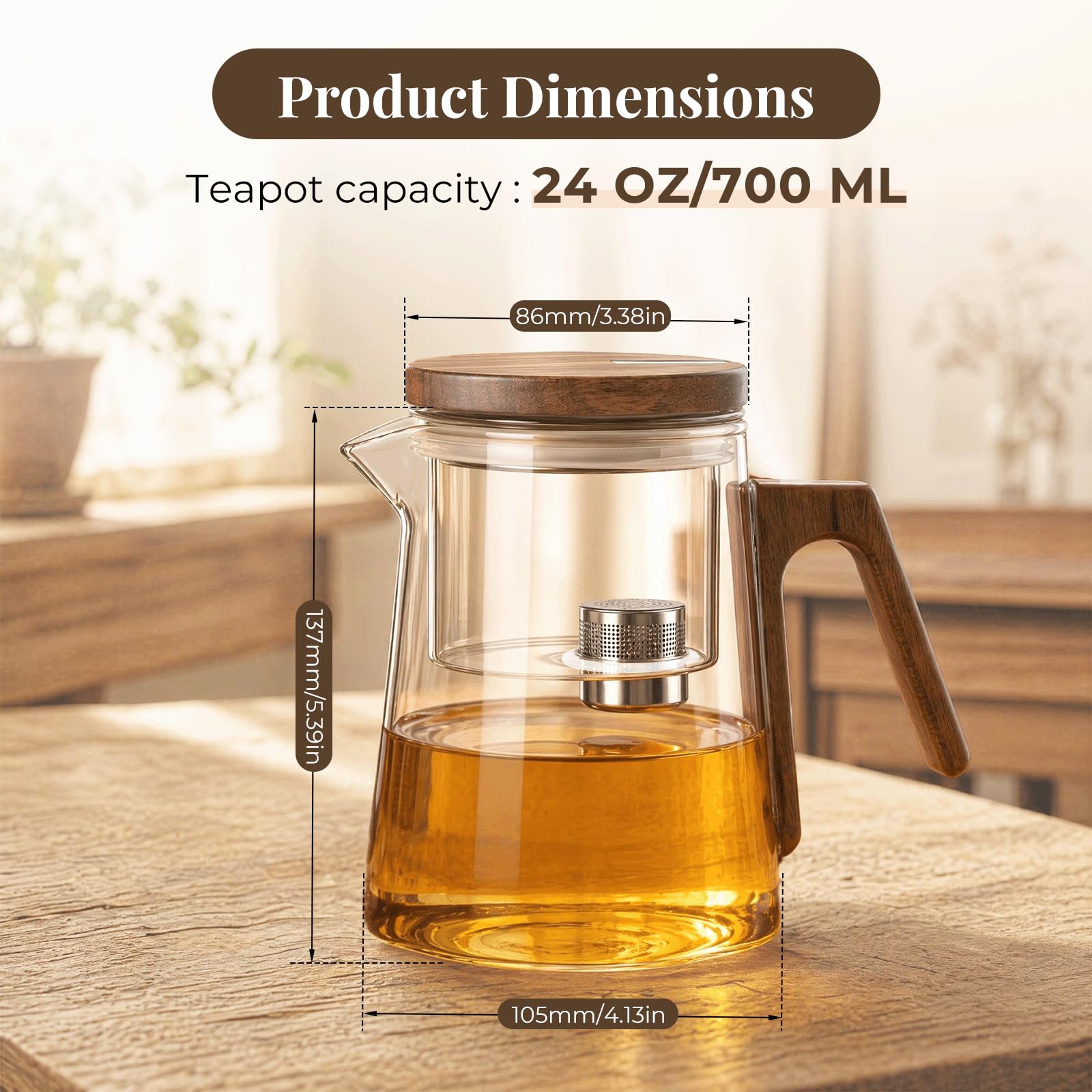 Magic Théière en Verre avec Passoire, Theiere en Verre avec Couvercle à Succion Magnétique et Manche en Bois de Noyer, Theiere avec Infuseur pour Thé en Vrac, Service à Thé Maison Bureau