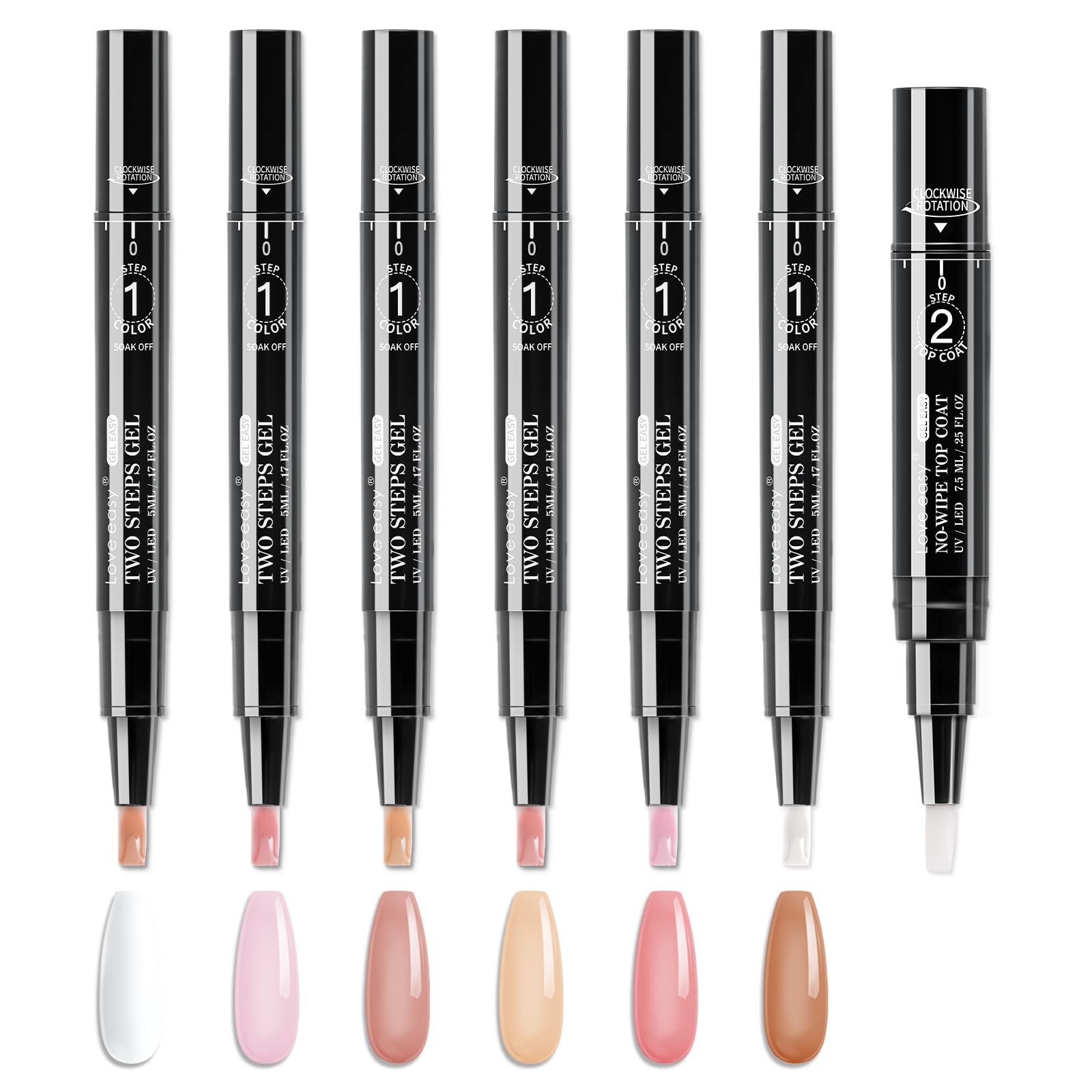 Love easy 2-Step Gel Nail Polish Pens Set, 6 Nude Colors & 1 Pcs Top Coat