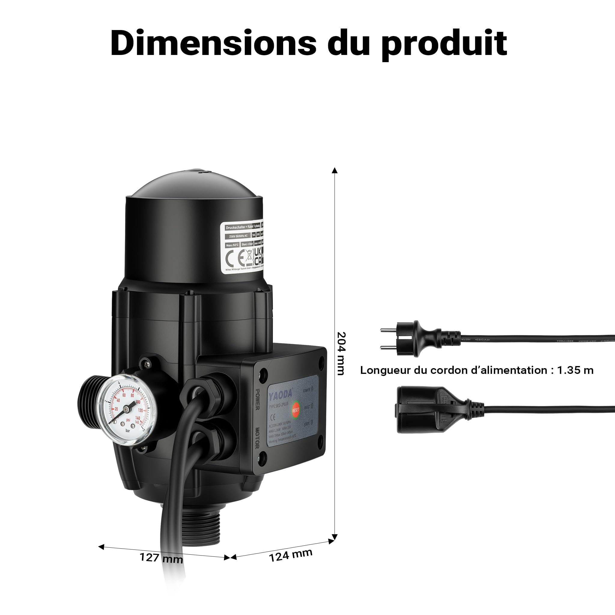 Wiltec Pressostat EPC-2 – 145 x 225 x 125 mm – 230 V – 10 bars – avec 2 Câbles – Réseaux d’eaux domestiques & Pompes monophasées – Anti-marche à sec