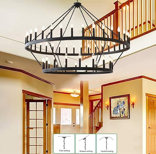 Miniatura 3 de JKLX Candelabro grande de 60 pulgadas con rueda de vagón, color negro, 2 niveles, 54 luces, estilo rústico industrial, lámpara colgante redonda para