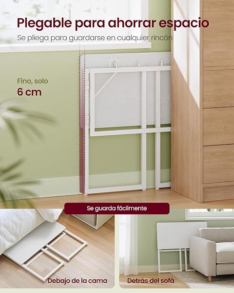 VASAGLE Mesa Plegable, Escritorio Plegable, Tablero de una Pieza, Bordes Redondeados, para Dormitorio, Balcón o Camping, Fácil Montaje, 80 x 40 cm, Blanco Arce LWD151WF01 - 4