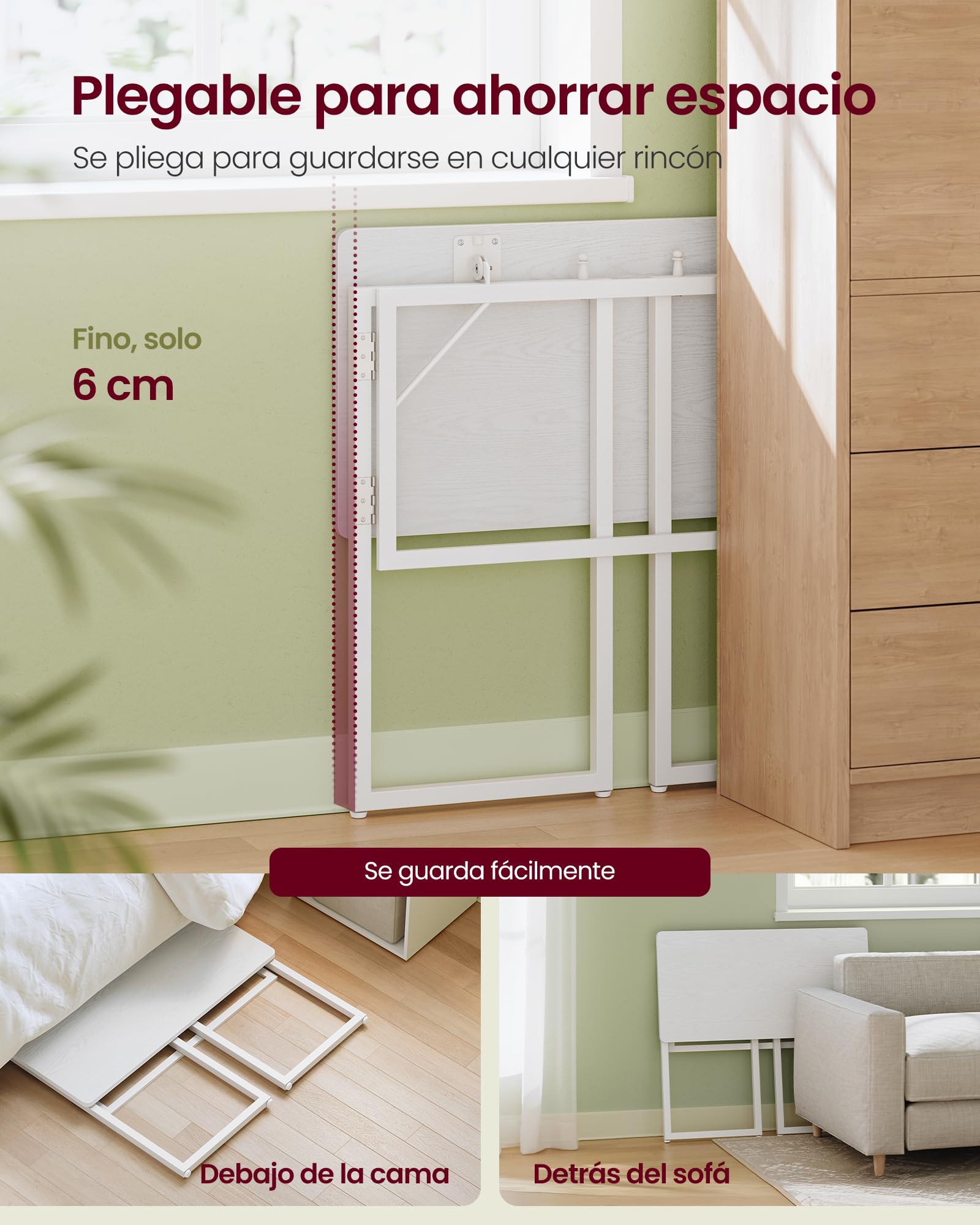 VASAGLE Mesa Plegable, Escritorio Plegable, Tablero de una Pieza, Bordes Redondeados, para Dormitorio, Balcón o Camping, Fácil Montaje, 80 x 40 cm, Blanco Arce LWD151WF01 — view 4