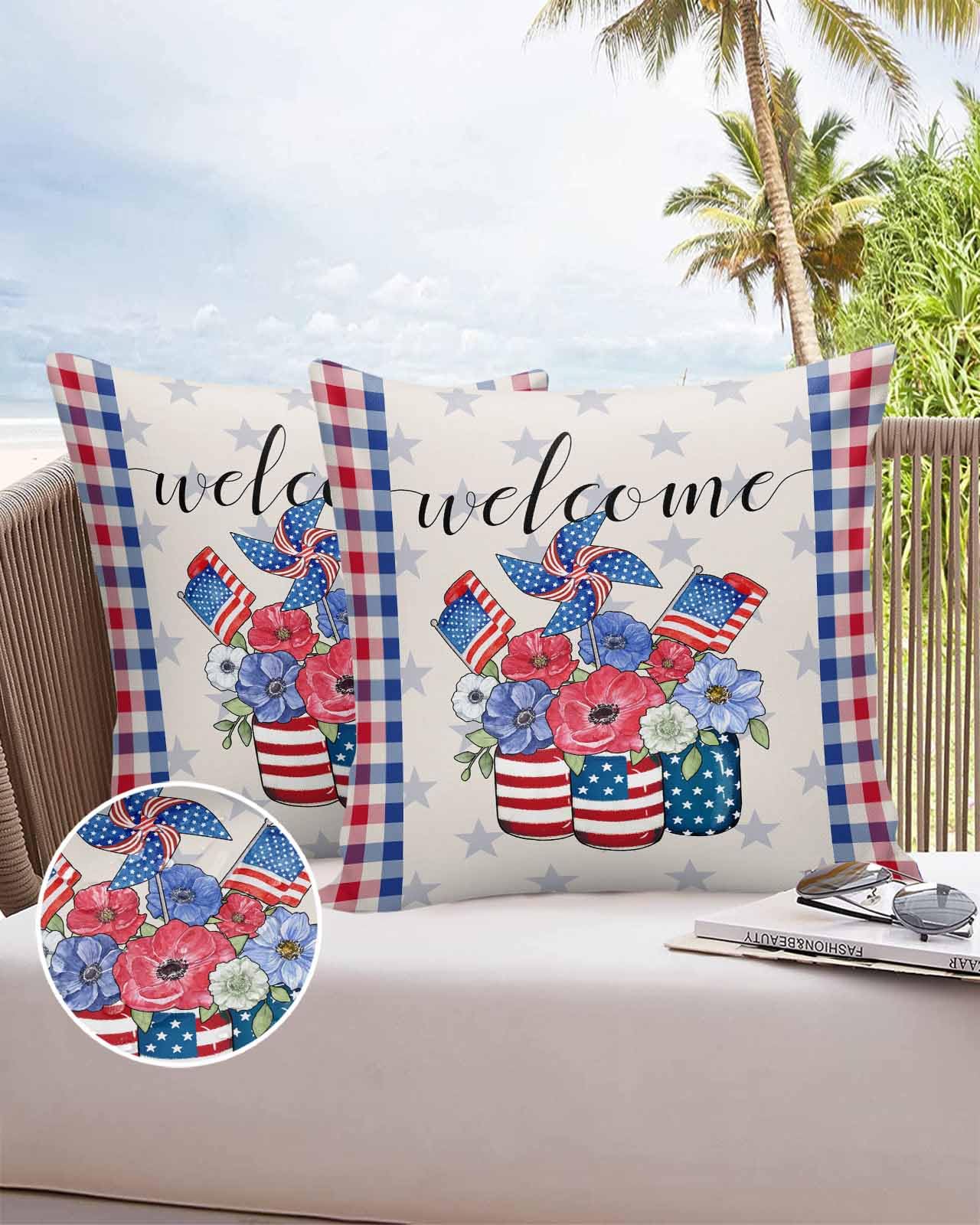Outdoor Pillow Covers 24 x 24 in, 4th of July Waterproof Throw Pillow Cover Set of 2, Blue Red Floral Plaid Independence Day Welcome Home Decorative Square Cushion Covers for Patio/Couch/Garden