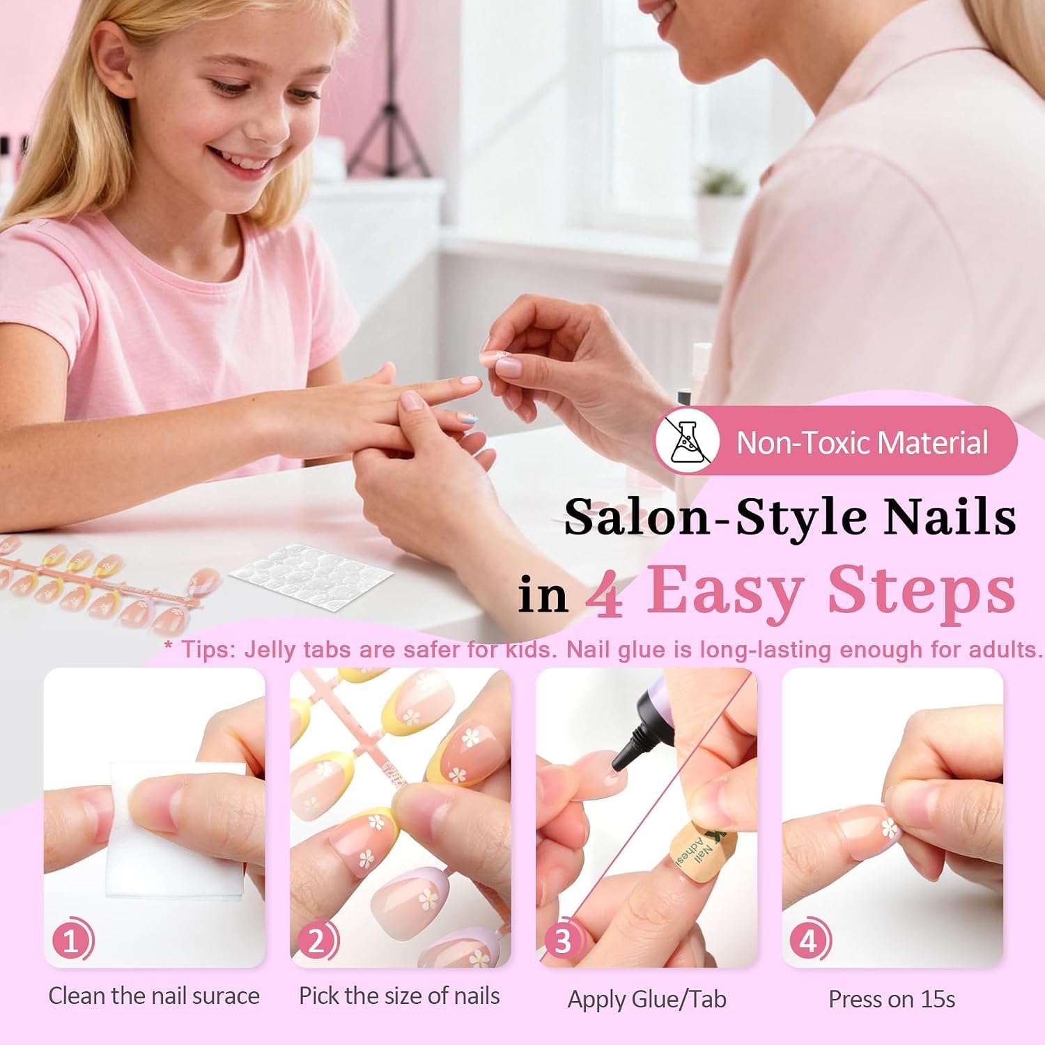 16 Sizes Press on Nails Kit for Kids - 32 Pieces French Almond Fake Nail Tips for Girls 8-12 Years Old with Jelly Nail Adhesives & No-Lamp Nail Glue, Birthday Christmas Gifts(Colorful Flower)