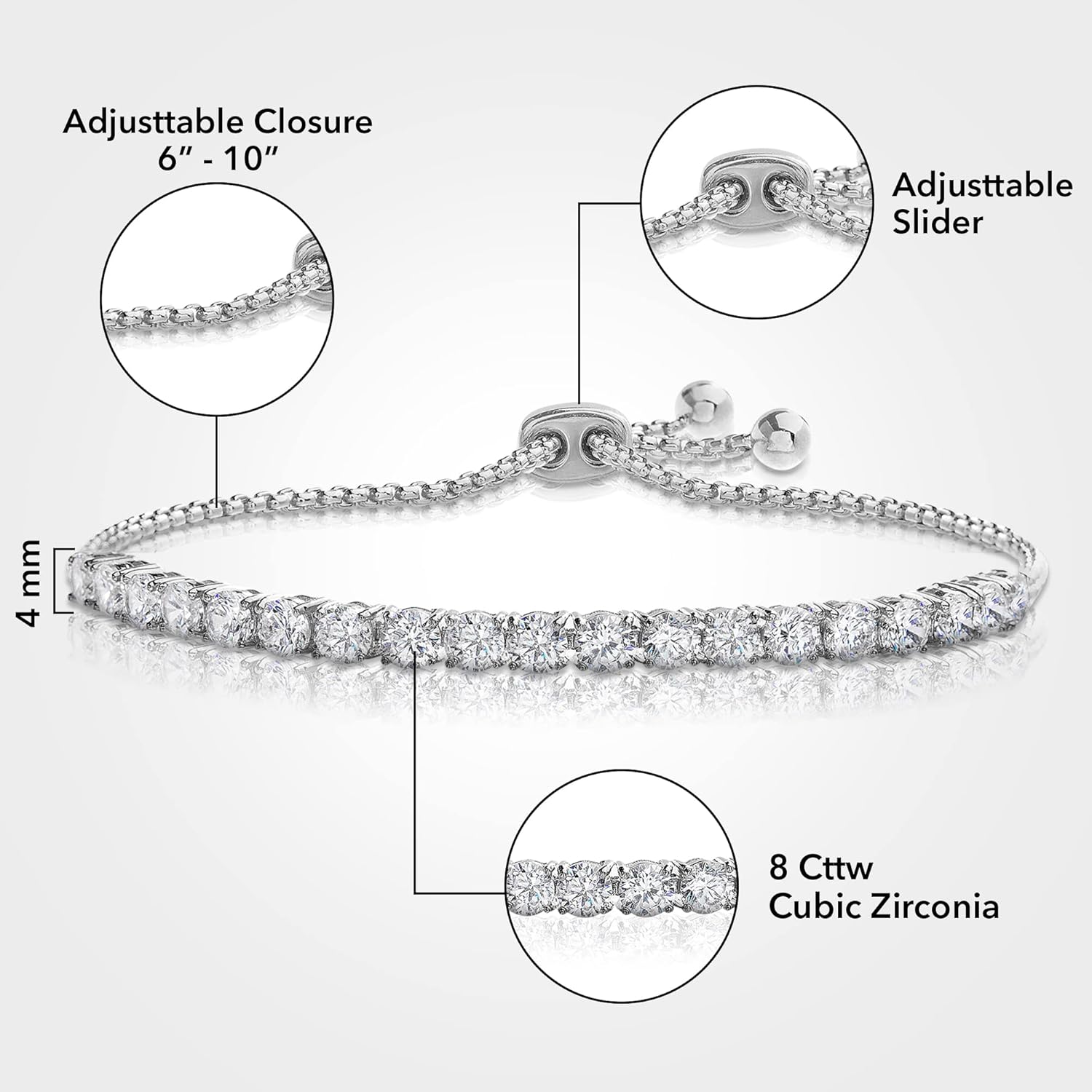 Devin Rose 8 Cttw Cubic Zirconia Adjustable Bolo Bracelet for Women 4mm - 6mm - Image 5