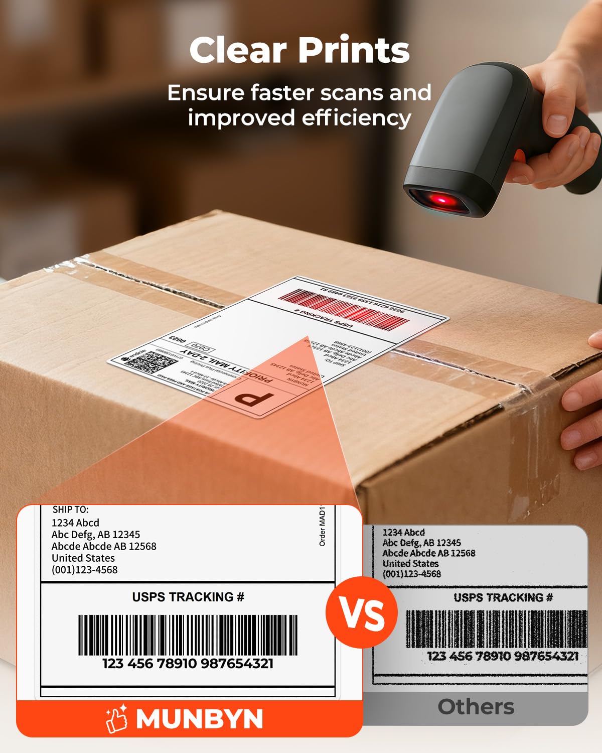 Comparison of clear MUNBYN print versus blurry print from other labels