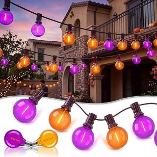50FT Halloween String Lights Outdoor, G40 Orange and Purple LED Globe Pa...