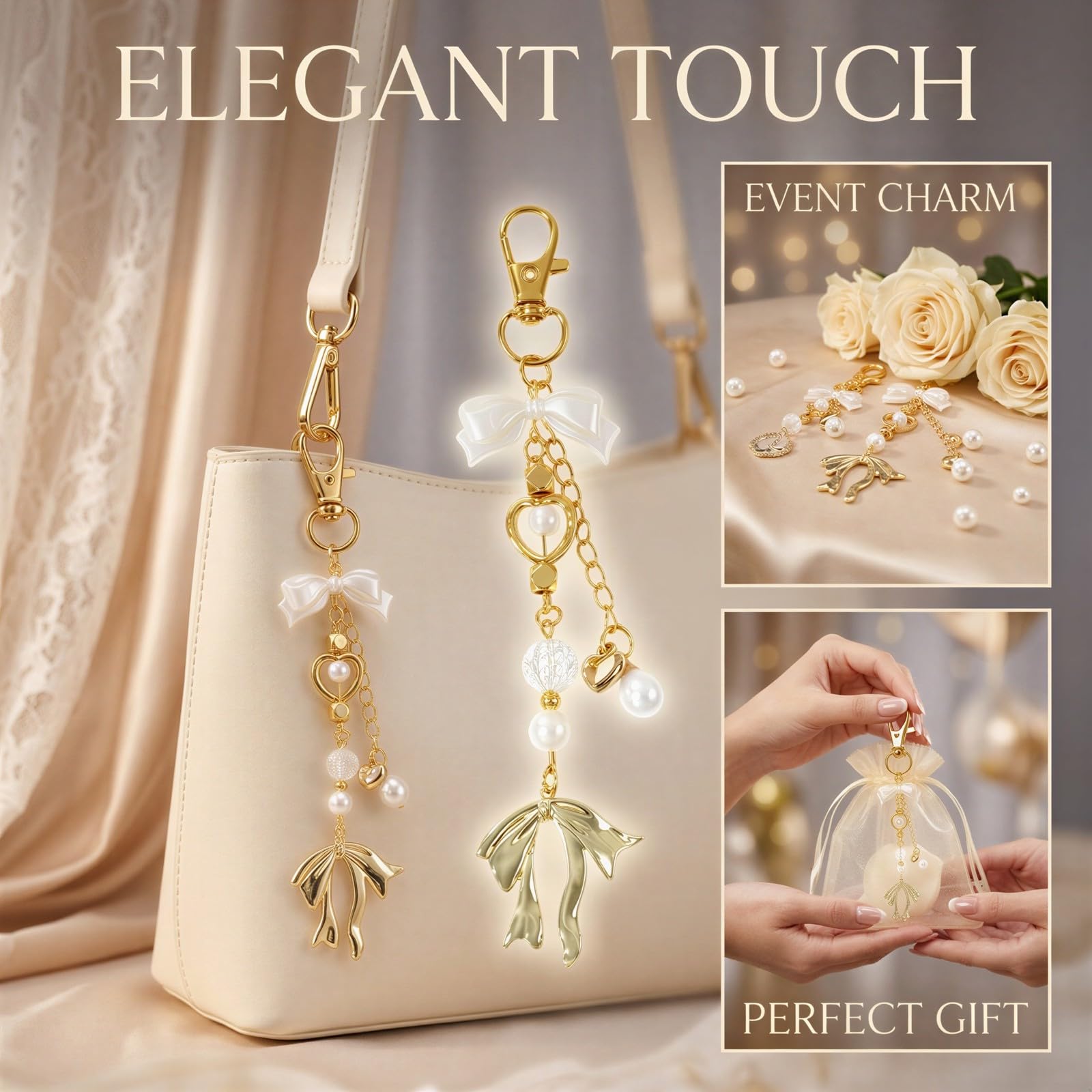 6 Stk. Goldene Perlen-Schleifen-Schlüsselanhänger-Set, 14,3 cm Metall-Charm-Zubehör mit Stahlring, Organzasäckchen, 9,5 x 4,5 cm Kraftanhänger, Gastgeschenke für Hochzeit, Valentinstag, Brautparty