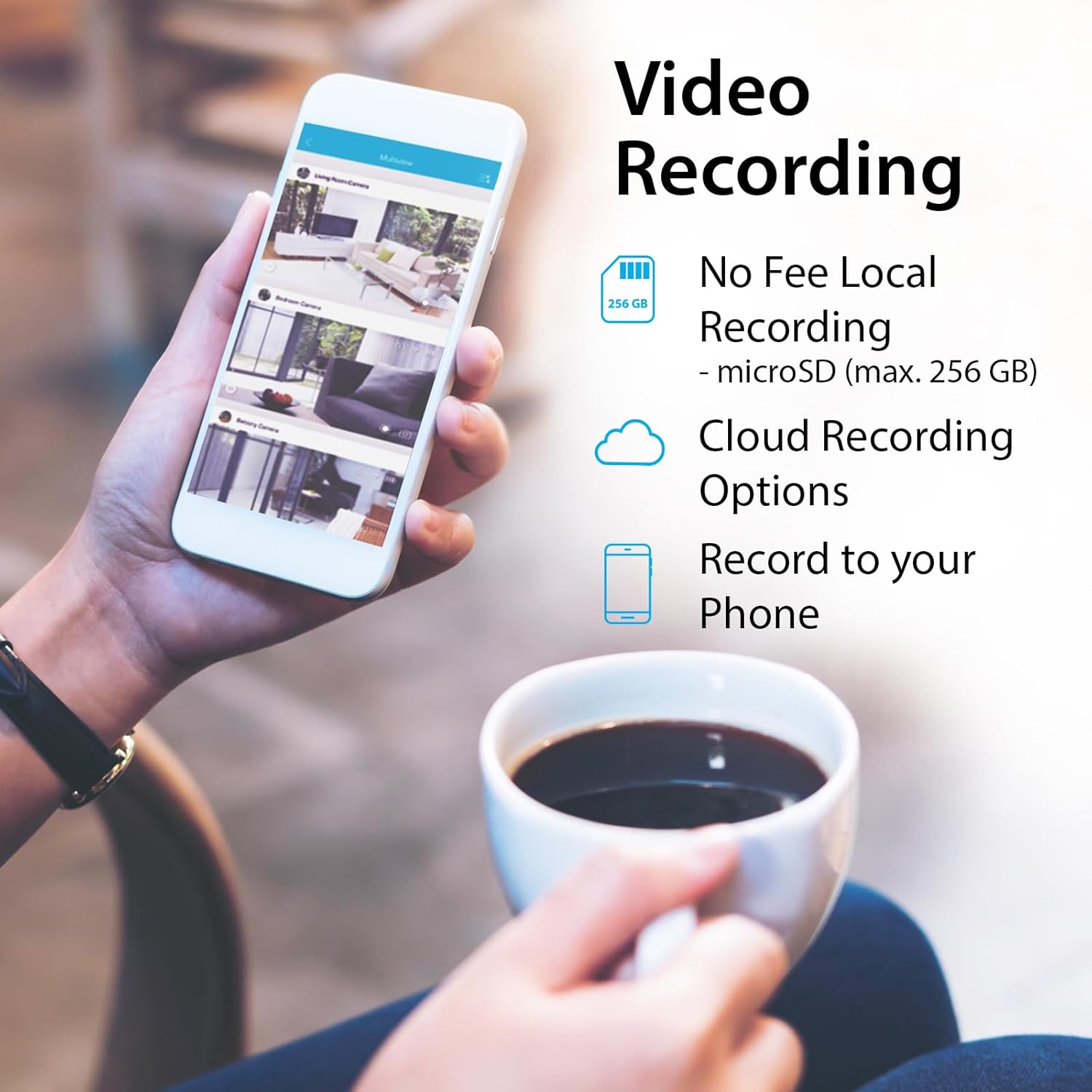 D-Link mydlink 2K Indoor WiFi Camera with a dog and a speech bubble saying 'Charlie, Stop!'