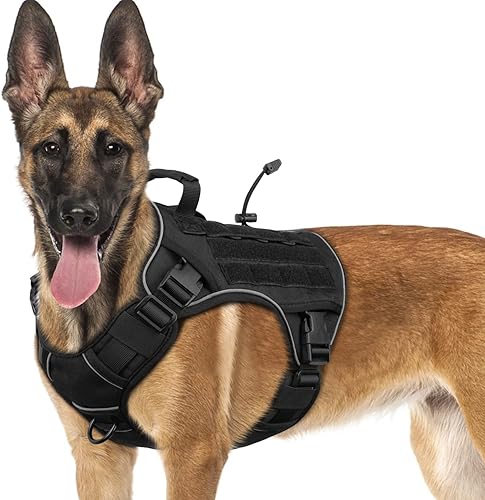 WINGOIN Arnés táctico negro para perros grandes y medianos, sin tirones, ajustable, reflectante, K9, arneses militares, con asa de fácil control