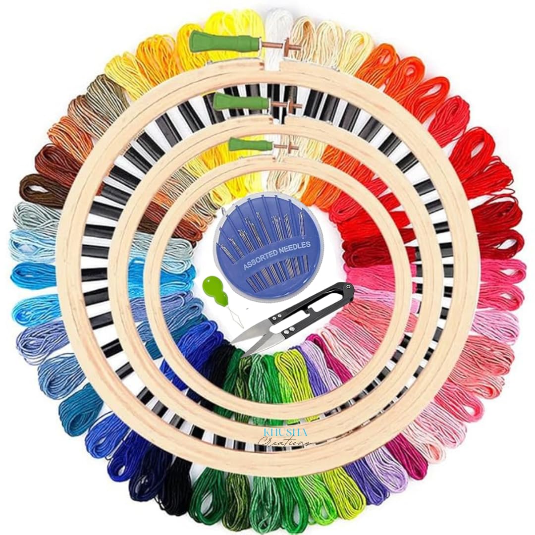 KHUSHA CREATIONS Embroidery Kit for Beginners with 3 Wooden Hoops (8", 6", 5"), 20 Color Threads, 20 Needles, 1 Cutter, 1 Threader – DIY Stitching & Needlework Set for Hand Embroidery & Hoop Art