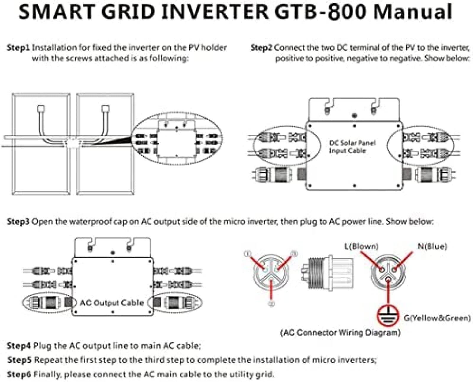 Micro inverter, energia Solare fotovoltaica, inverter per Collegamento alla Rete Solare, Micro inverter per Pannelli solari, Onda sinusoidale Pura GTB‑800 Potenza 800 W, 220 V