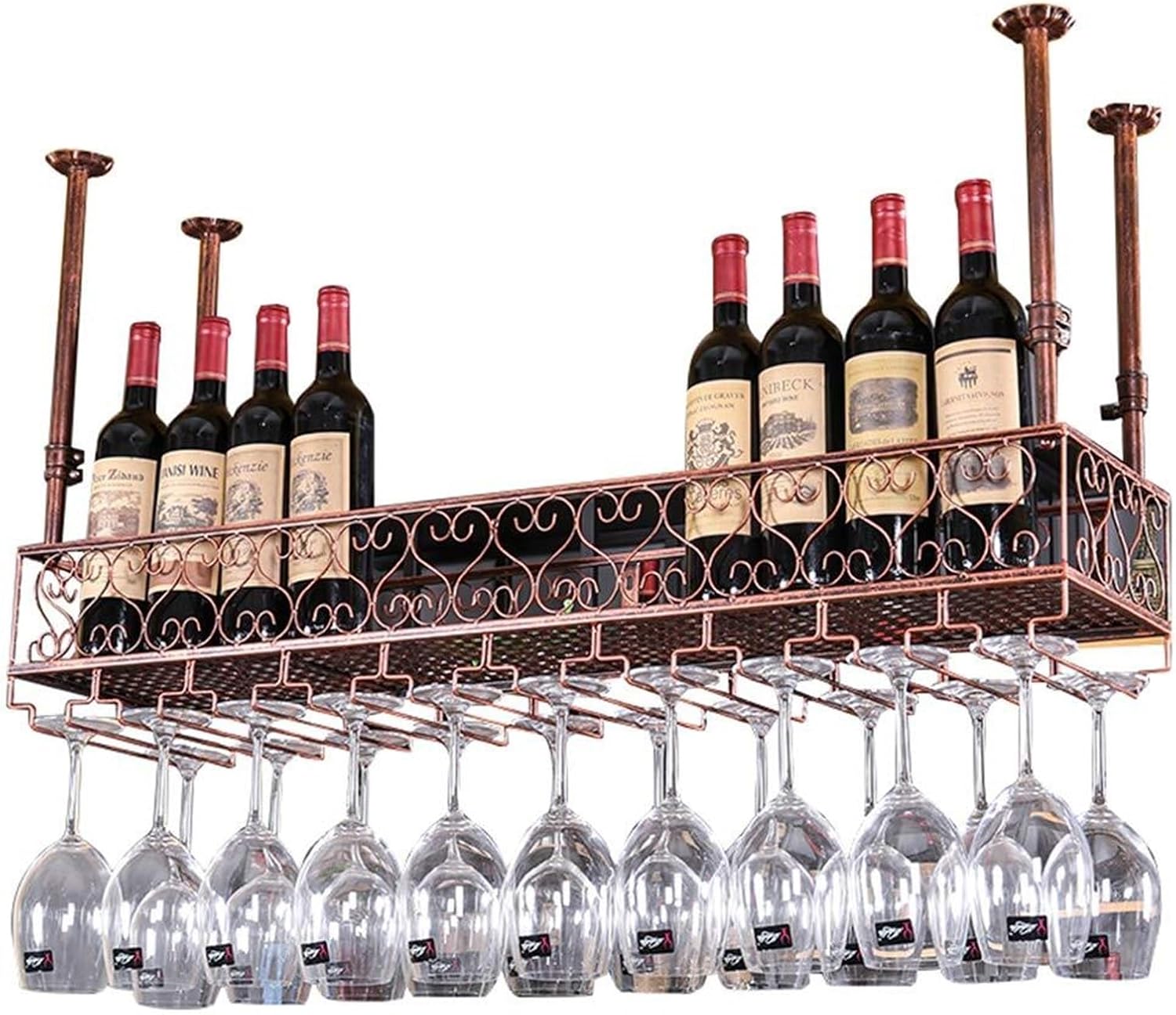 Wine Shelf Metal Wine Rack with Bottle & Glass Holder | Wall-Mounted & Adjustable Height - Brown, for Bar Wine Holder(80cmx25cm)