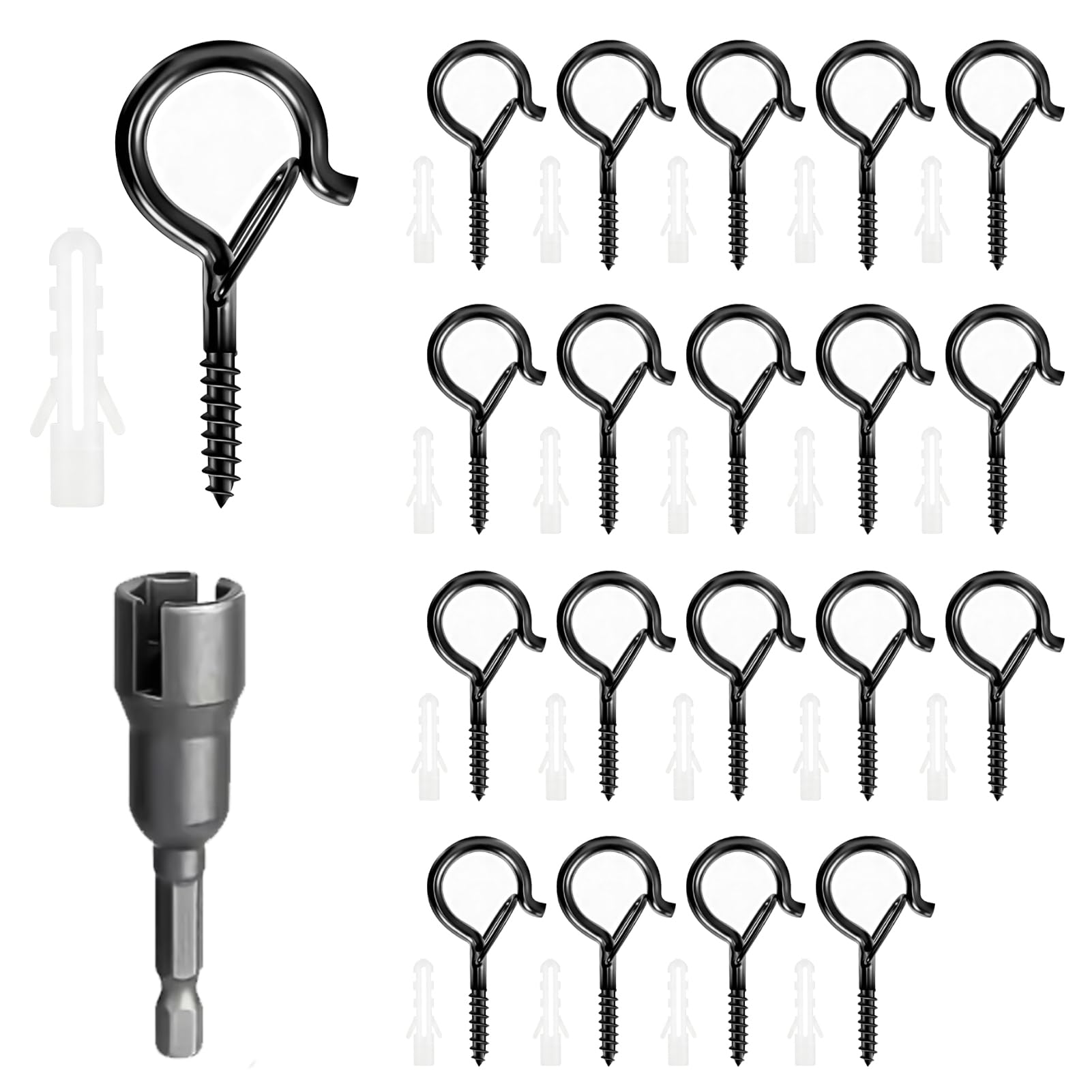 20 Pack Q-Hanger Hooks, Screw Hooks for Outdoor String Lights, Wall Cabinet Ceiling Hooks with Safety Buckle and Wing Nut Driver for Bird Feeders Garden Balcony Indoor Outdoor Hanging Accessories