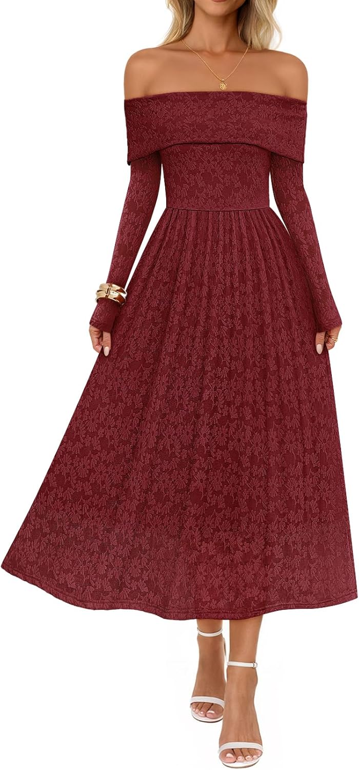 MEROKEETY Women's 2025 Fall Long Sleeve Floral Midi Dress Off Shoulder Wedding Guest Formal Long Flowy Dresses