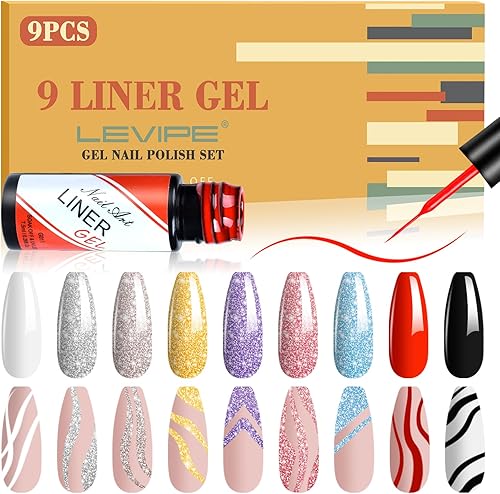 LEVIPE Gel Nagellack Set Lackierbar Gel Lineare Art Gel 9 Farben Schwarz Weiß Ro