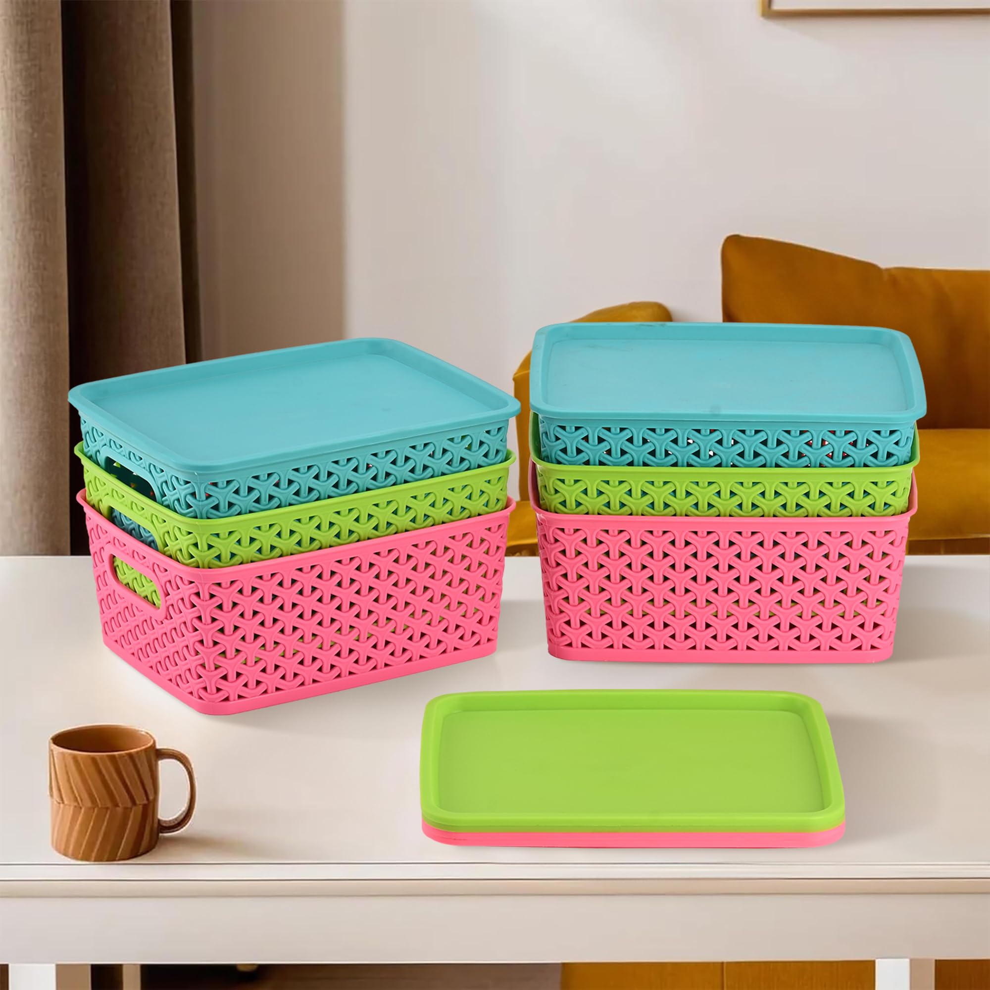 Kuber Industries Pack of 6 Multipurpose Storage Baskets with Lid for Organizing Home & Office | H1- Storage Box/Tray- Ideal for Kitchen, Bathroom, Clothes, Makeup & Stationery | Multicolor