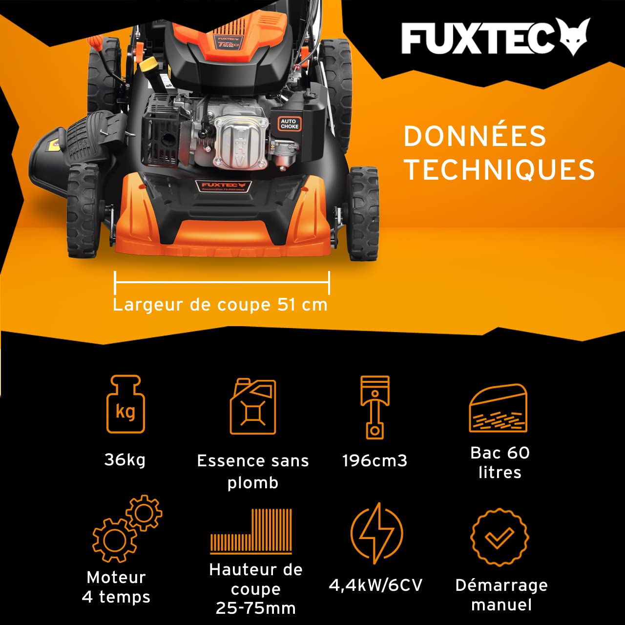 FUXTEC FX-RM5196PRO Tondeuse Thermique autotractée 51cm 196cm3 GT Variable Bac 60L