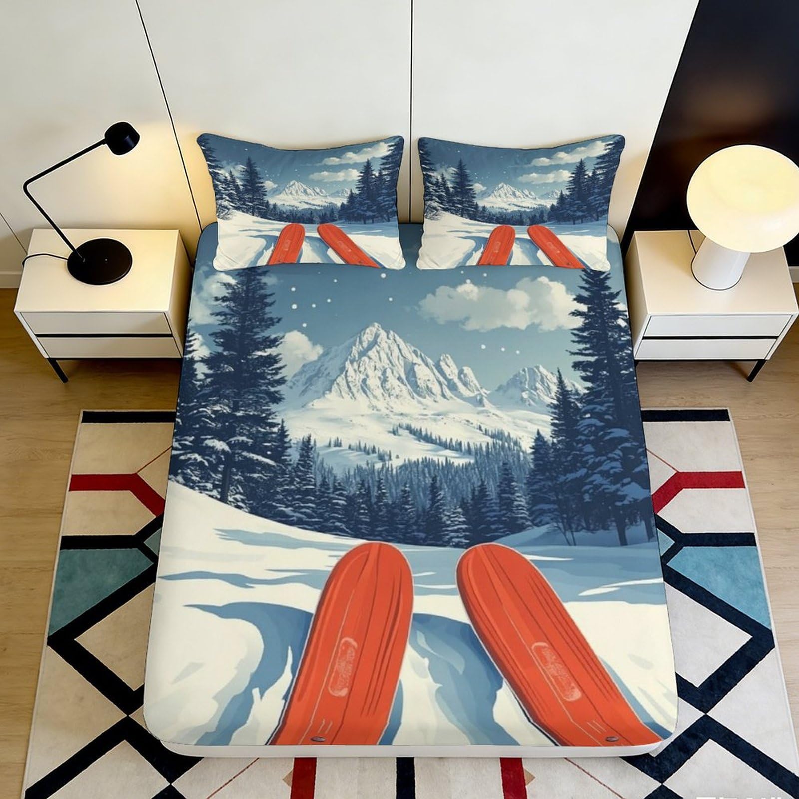 3D Printed Mountain Ski Fitted Sheet Microfiber Soft Non-Slip Forest Bed Cover for Bedroom Guest Room Decor 90x200x25cm
