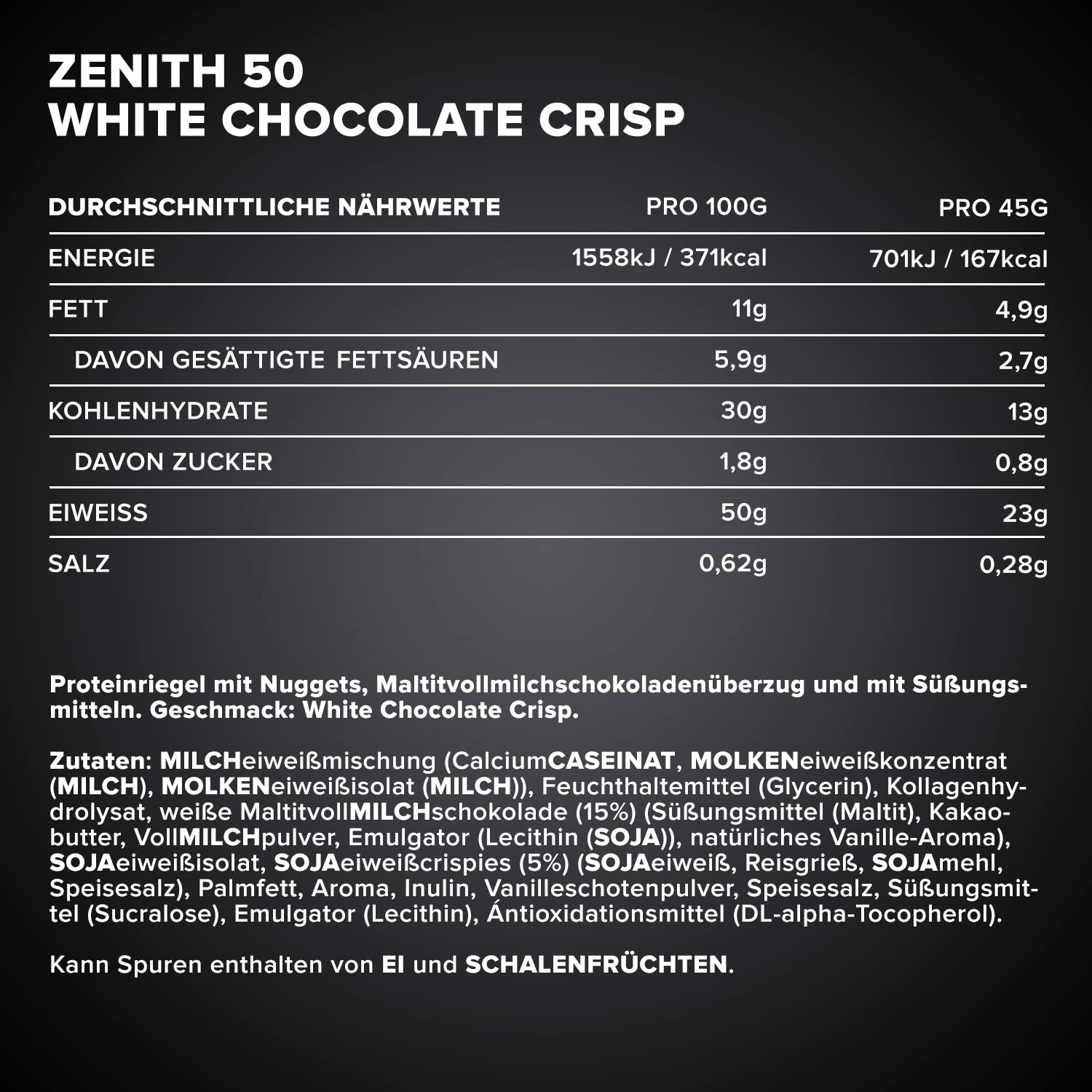 IronMaxx Zenith 50 High Protein Bar - White Chocolate Crisp - 16x45g | Eiweißriegel mit 50% Protein | Low Sugar Snack mit cremiger Umhüllung | High Proteinriegel für Muskelaufbau, Diät & Fitness