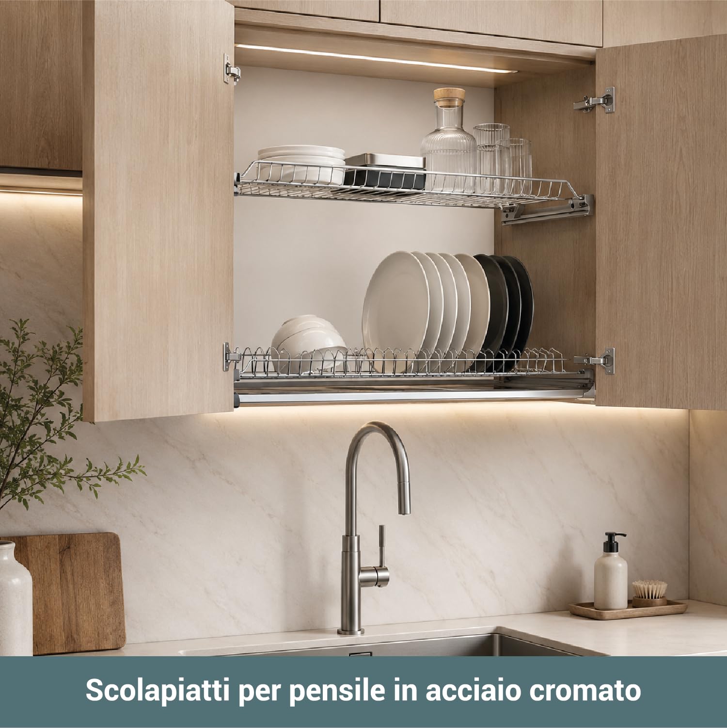 Crisalide® Scolapiatti per Pensile in Acciaio Cromato, Modelli 86 cm, Telaio in Alluminio Anodizzato, Vaschetta Raccogligocce Trasparente, Porta Piatti e Bicchieri per Cucina