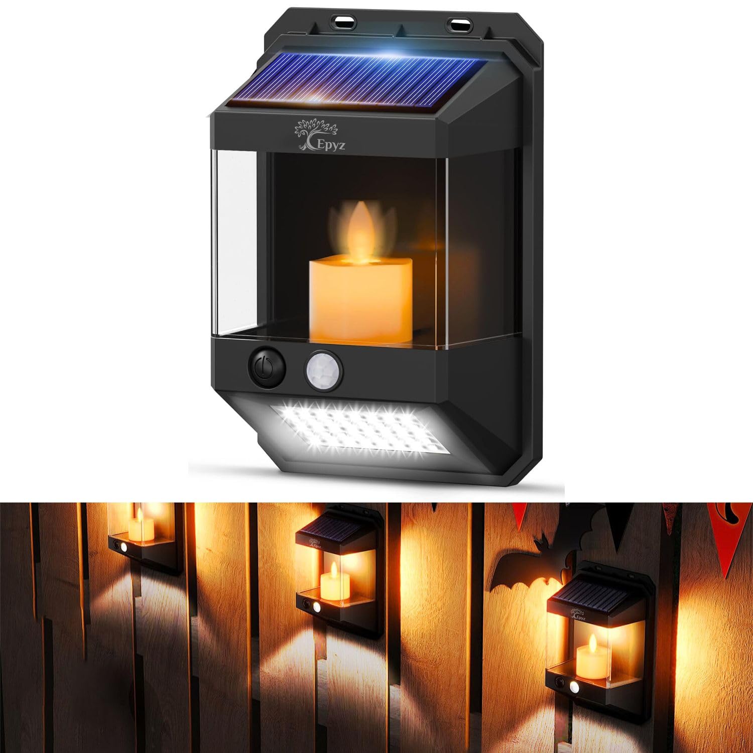 Epyz Solar Light Outdoor Garden Waterproof Motion Sensor Lights with Flickering Flame Wall Night Light for Fence Garage Yard Step Stair [ Warm + White Light, Pack of 1 ]-image-35