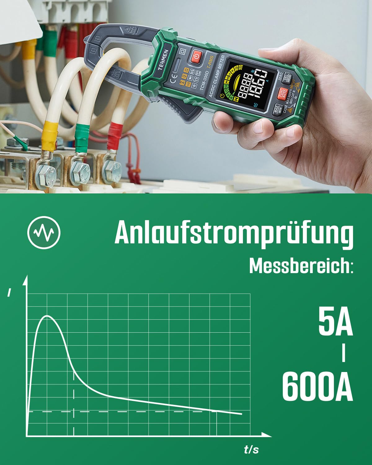 TESMEN TCM-300D Digital Clamp Meter 6000 Counts T-RMS Amperemeter Auto-Ranging Multimeter Voltmeter mit AC/DC Strom & Spannung NCV/Live Wire Einschaltstrom Widerstand Diode Temperatur – Grün