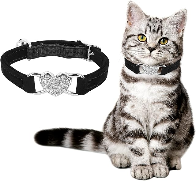 Molain Heart Bling Cat Collar, Adjustable Collar with Safety Belt and Bell Rhinestone Collar for Kitten Small Dog Cat (black)