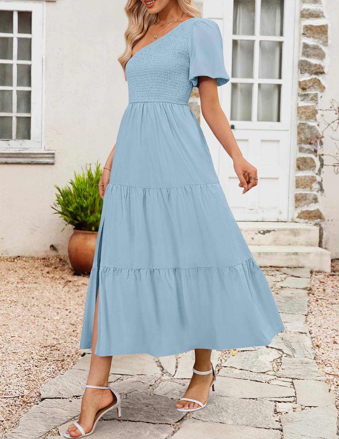 ZESICA Women's Boho Summer One Shoulder Short Sleeve Smocked Side Split Ruffle Swing Midi Dress - Image 7