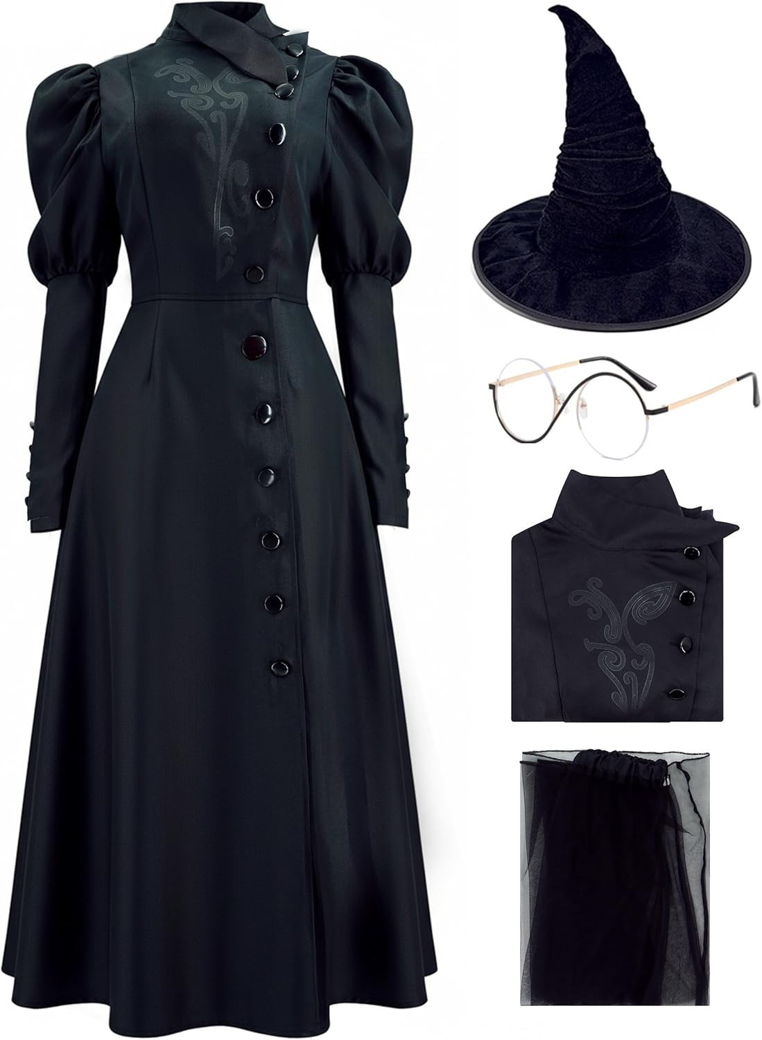 Pmnoyal Elphaba Costume Women Adult West Bad Witch Cosplay Hat Glasses Wizard Cosplay Movie Halloween Black Deluxe Dress