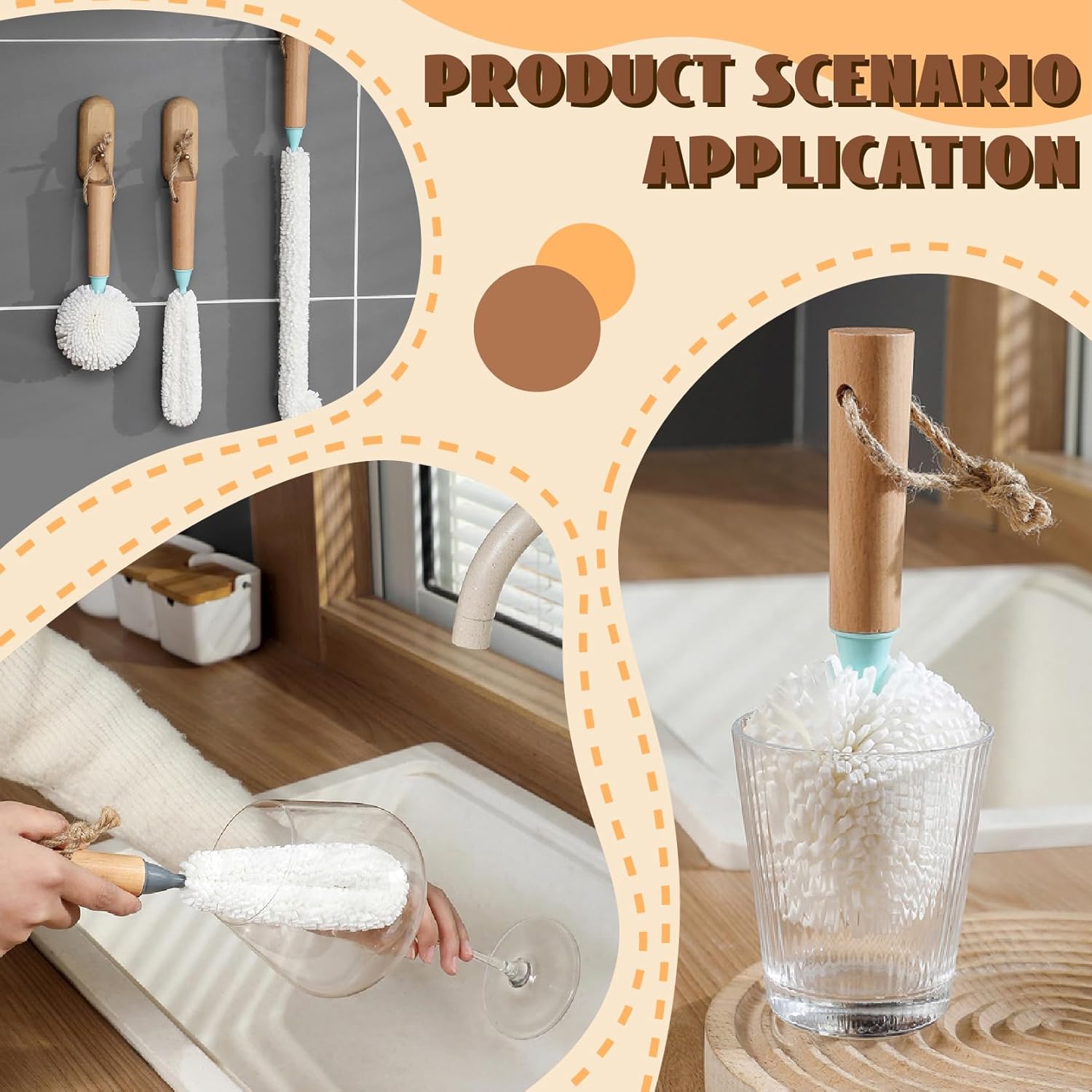 3 Pcs Cleaning Bottle Brush Set, Decanter Cleaning Brush, Multifunctional Household Cleaning Brush Tool, Wood Handle Bottle Brush, for Washing Multiple cup types