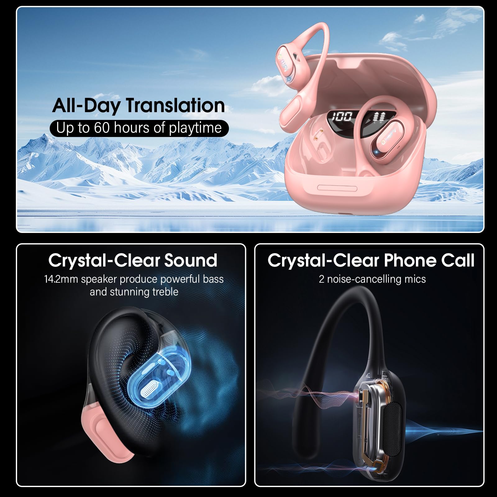 Auriculares Traductor en Tiempo Real 164 Idiomas Traductor Instantaneo de Voz, Auriculares Open-Ear Smart Ambiental, 9 Modos traducción AI, 4-en-1 Cascos Traductores, Música/Llamada/Traducción/Deporte