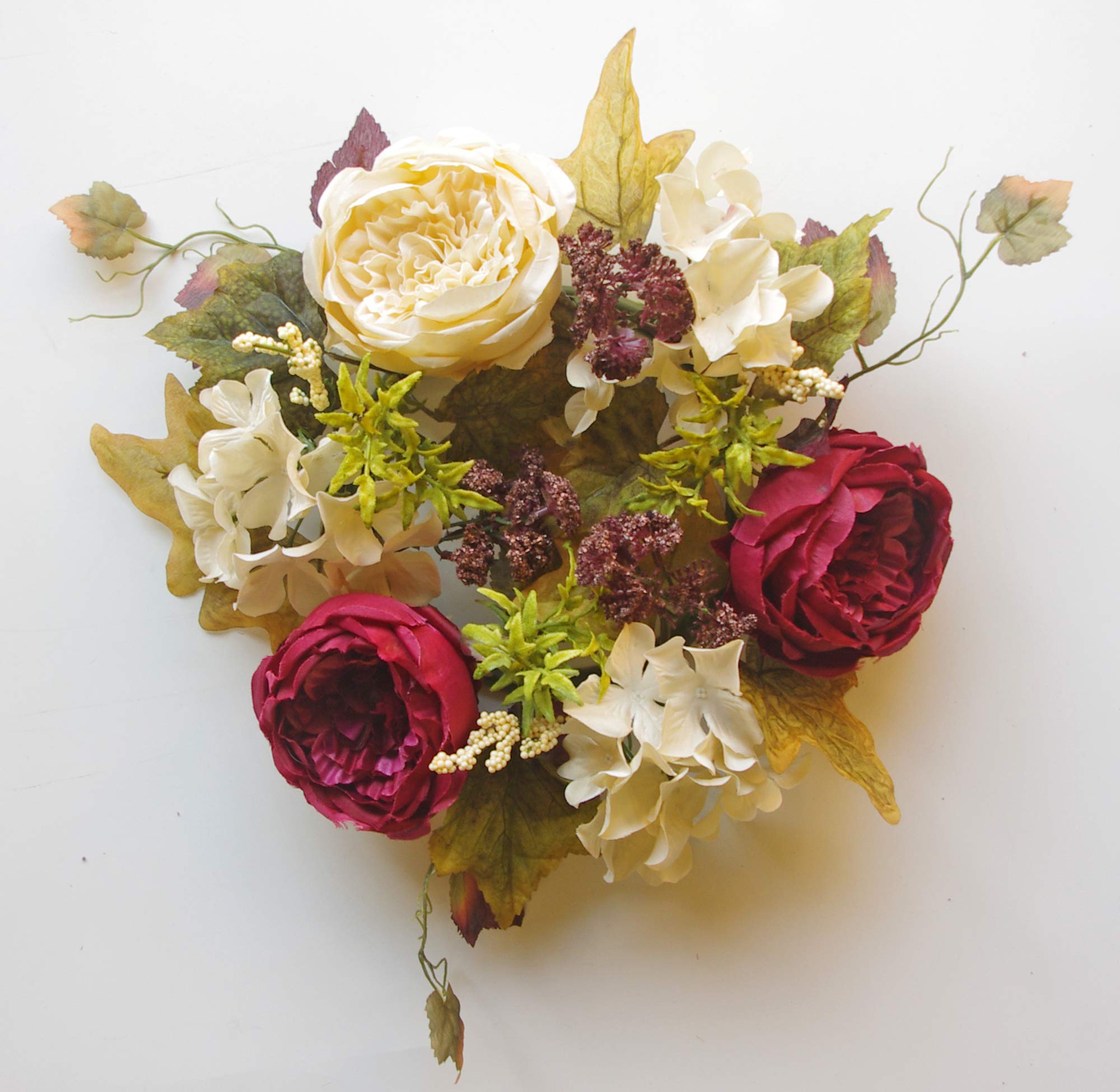 Cabbage Rose and Hydrangea Berry 6" Candle Ring, 12" Wreath (Burgundy/Cream)