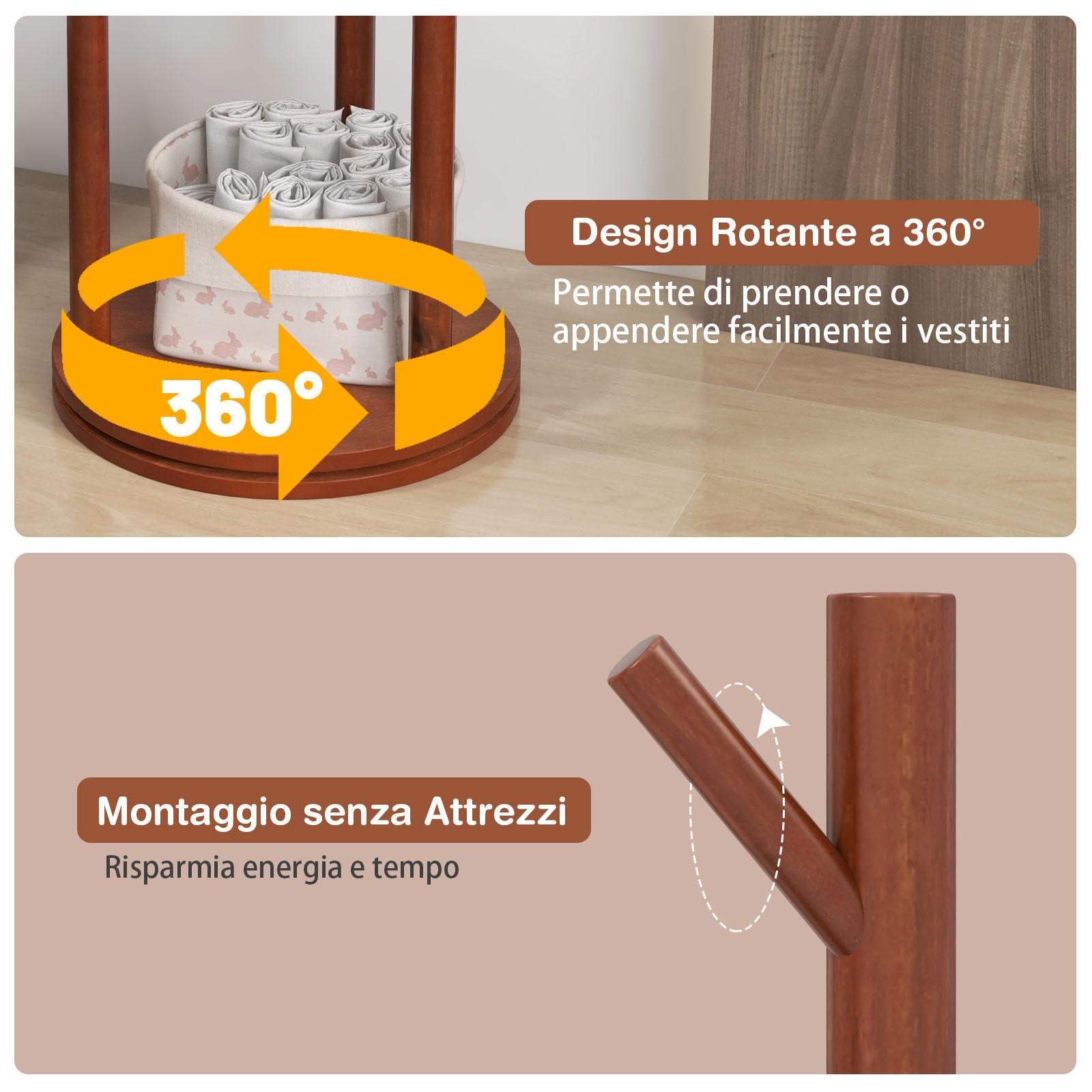 GYMAX Appendiabiti da Terra in Legno, Attaccapanni da Terra Girevole 360° con 9 Ganci e 3 Ripiani, Appendiabiti 167 cm per Ingresso, Camera da Letto, Soggiorno