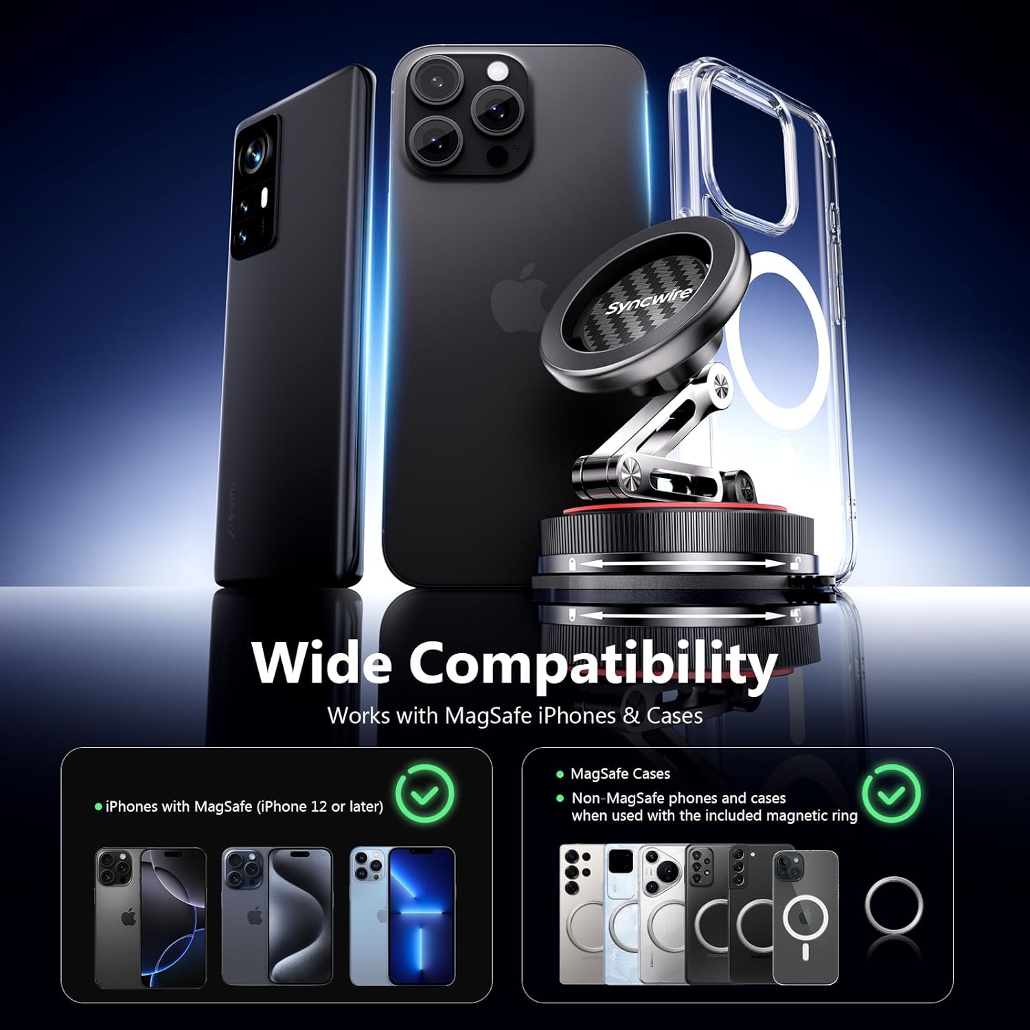 SYNCWIRE for MagSafe Car Mount [3-Axis Design] Strong Suction Cup Magnetic Phone Holder, 360° Rotation, Compatible with iPhone 17 Pro Max 16 15 14 13 12, Samsung, Carbon Fiber Head, Gloss Black Arm