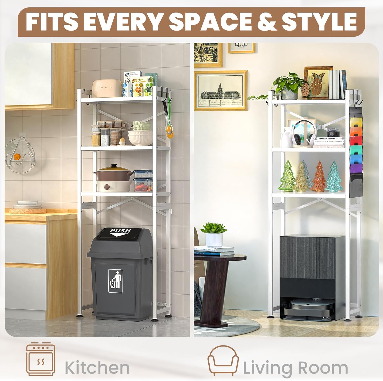 ZZL Over The Toilet Storage,3-Tier,Bathroom Toilet Organizer,Multifunctional Space Saver Freestanding Bathroom Shelves with 4 Hooks,White