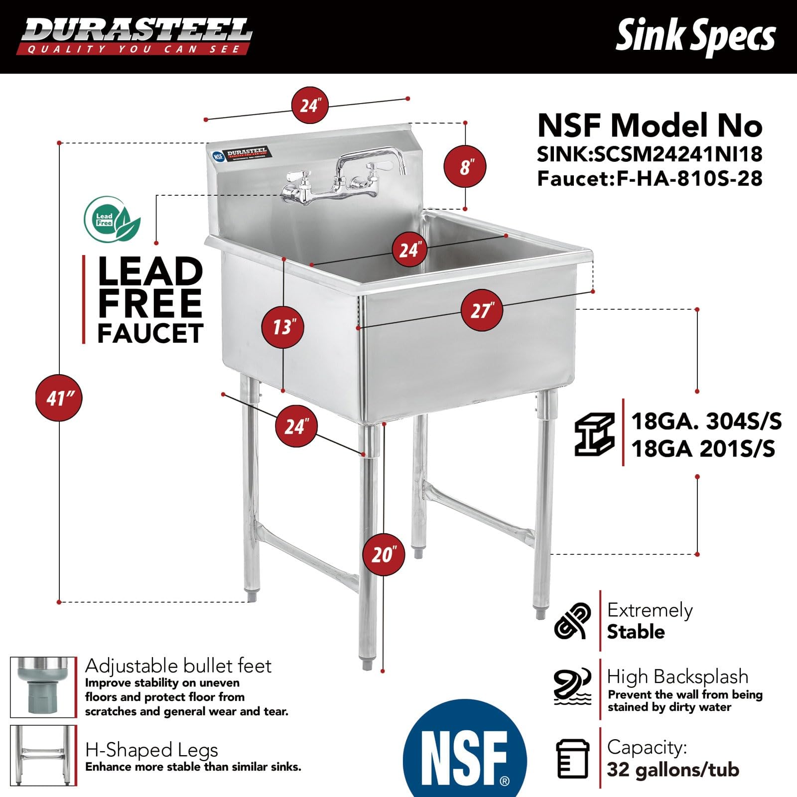DuraSteel 304 Stainless Steel Utility Sink - 24 Inch Restaurant Prep Sink with Faucet - Dual CEC & NSF Certified Freestanding Wash Station for Kitchen, Laundry, Garage