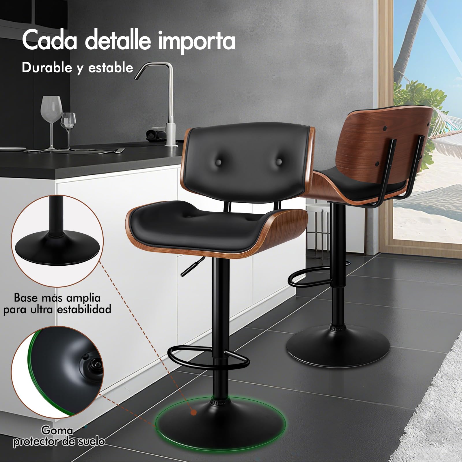 ALFORDSON Taburete de Bar, taburetes de Cocina giratorios con altura ajustable, Taburete de mostrador Odette de Madera, pistón de gas, Cuero PU abotonado, Negro