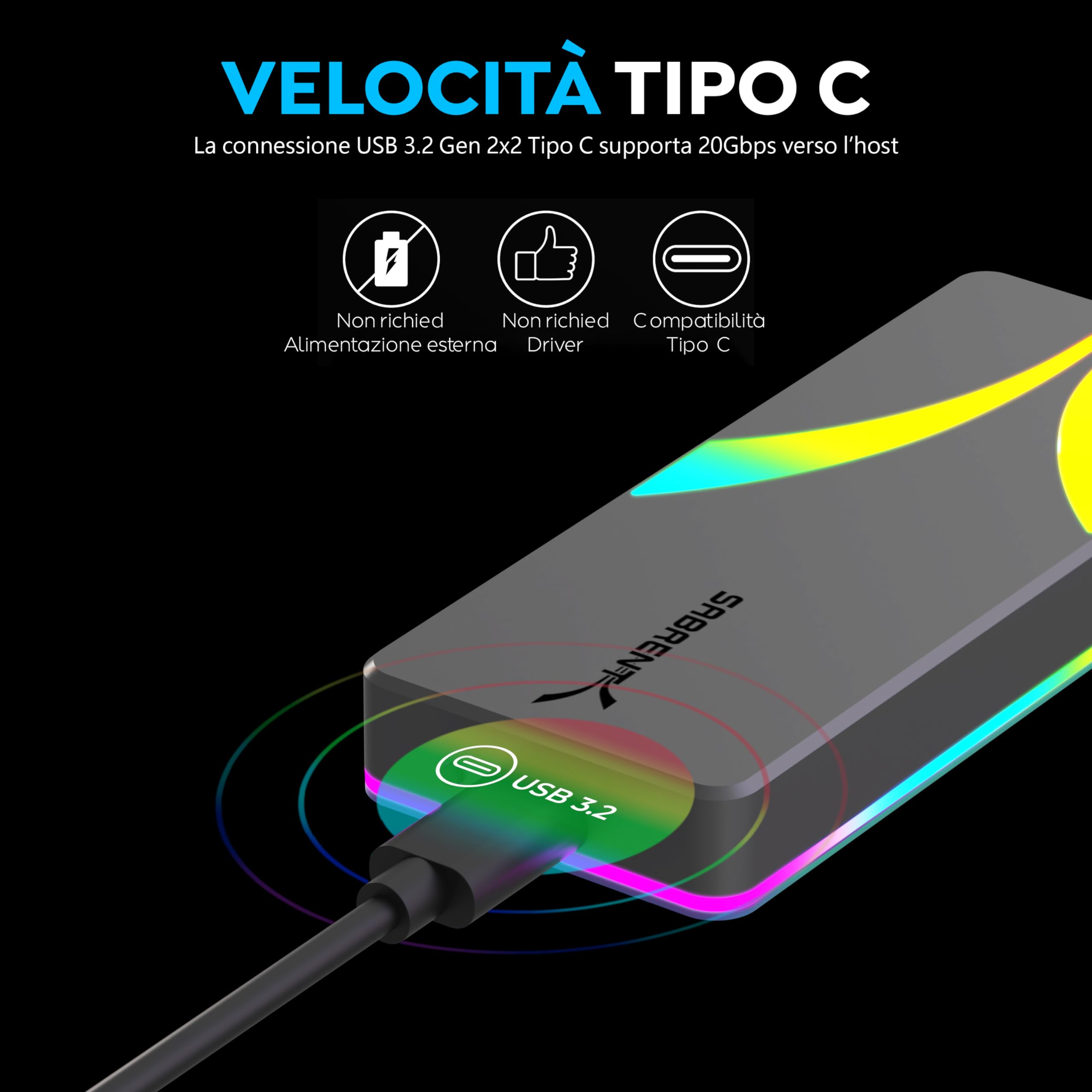 SABRENT Case SSD Rocket RGB USB C 20Gbps M.2 SATA/NVMe (EC-RGBG)